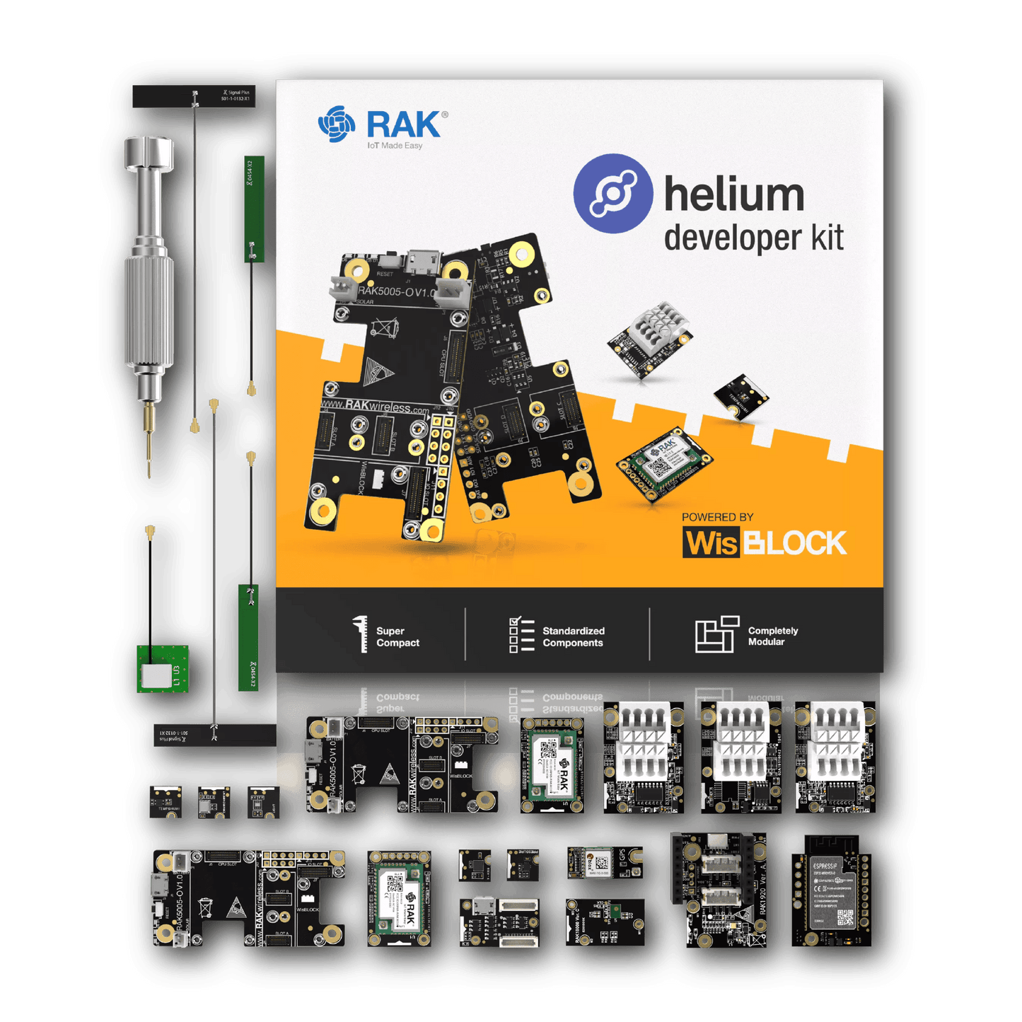 A RAK Helium developer kit featuring WisBLOCK modules and components.