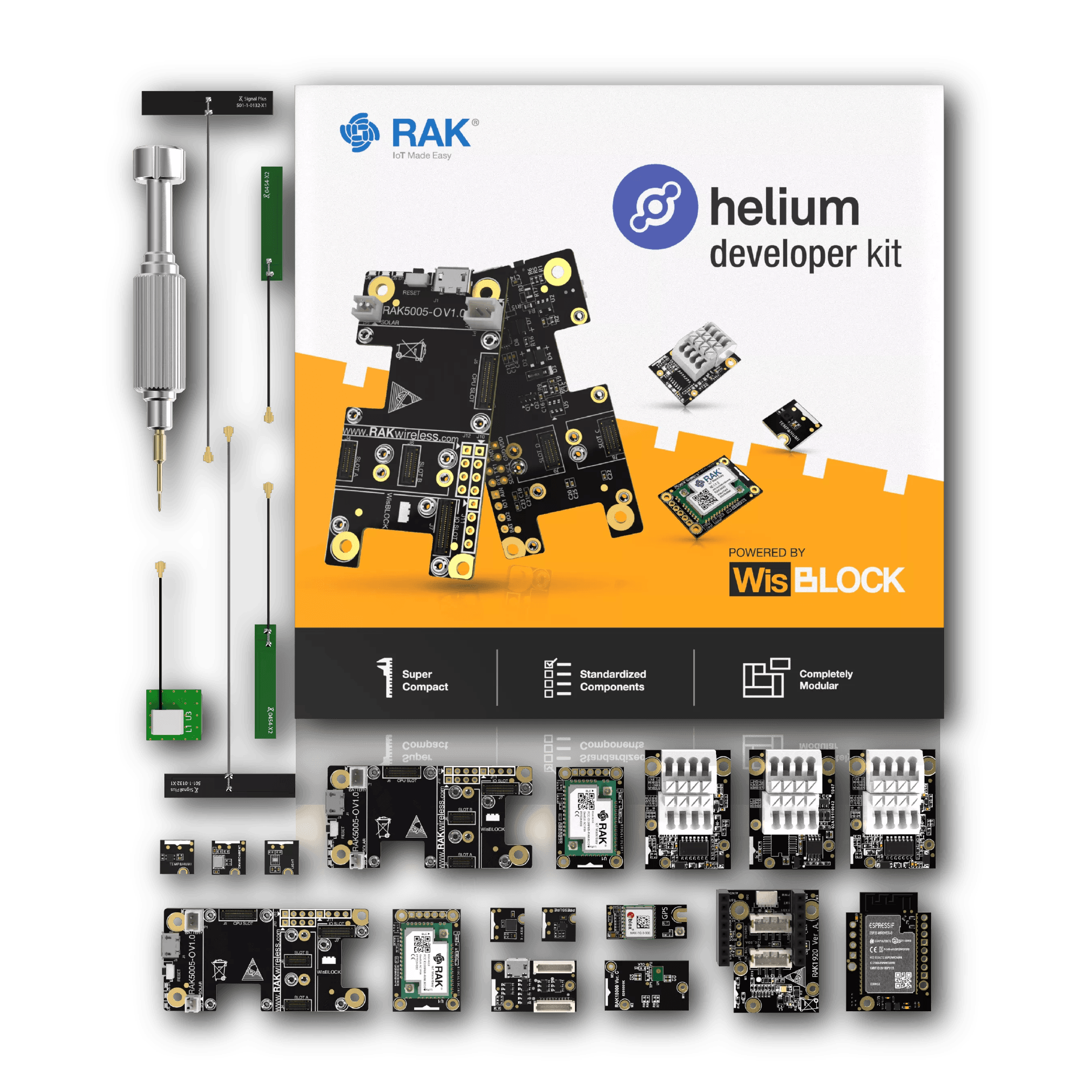 A RAK Helium developer kit featuring WisBLOCK modules and components.