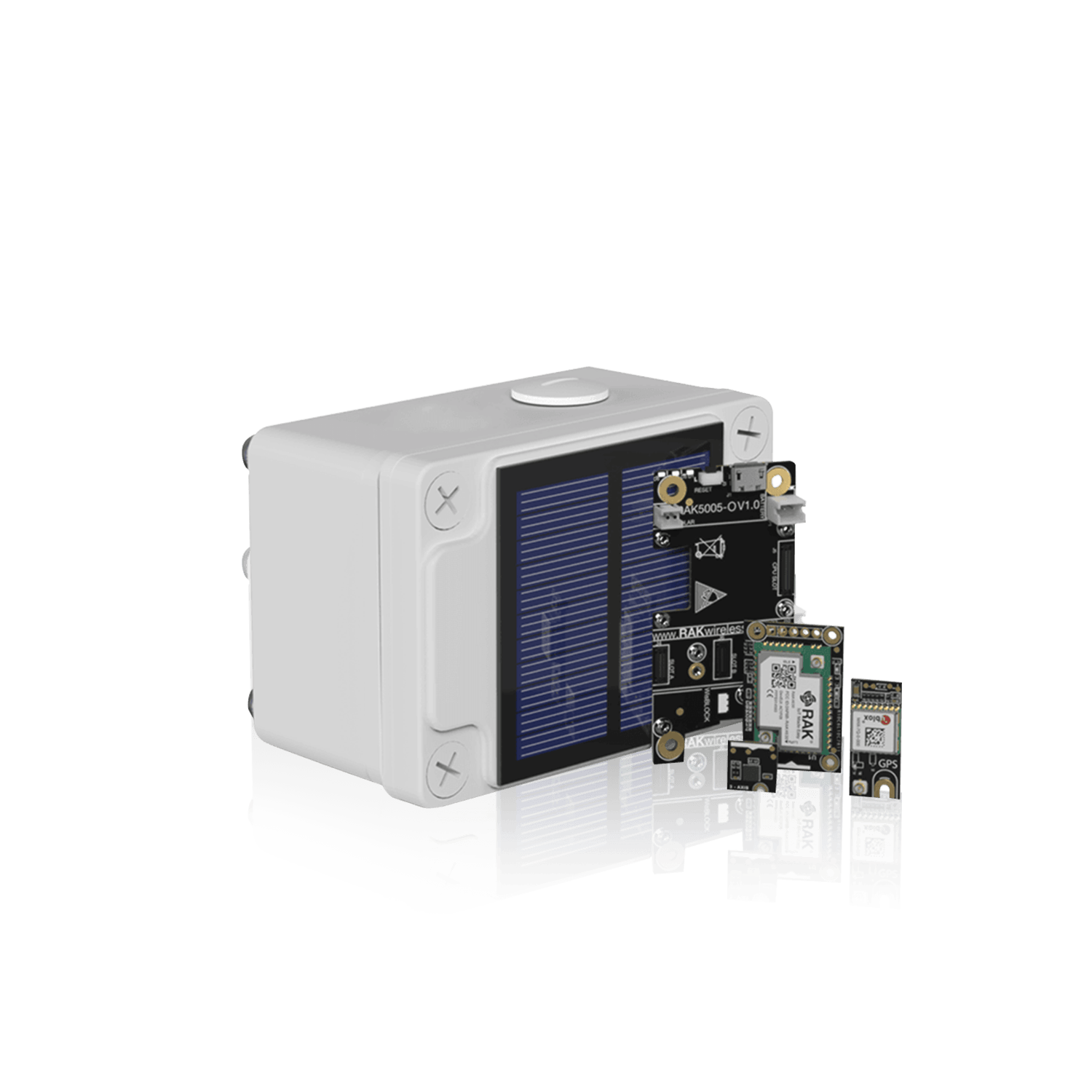 A white rectangular device with integrated solar panels and exposed circuit boards with embedded modules.