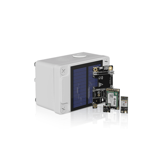 A white rectangular device with integrated solar panels and exposed circuit boards with embedded modules.
