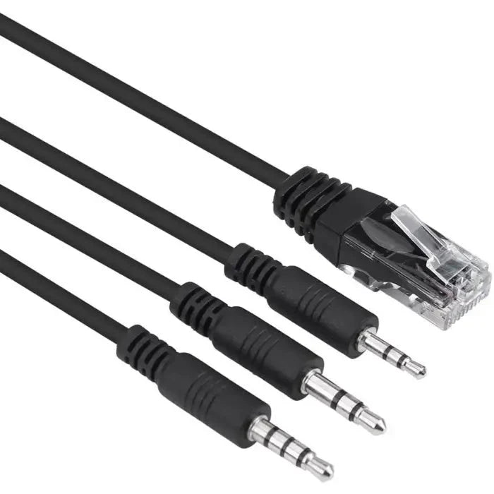 Black cable with RJ45 and three 3.5mm audio connectors.