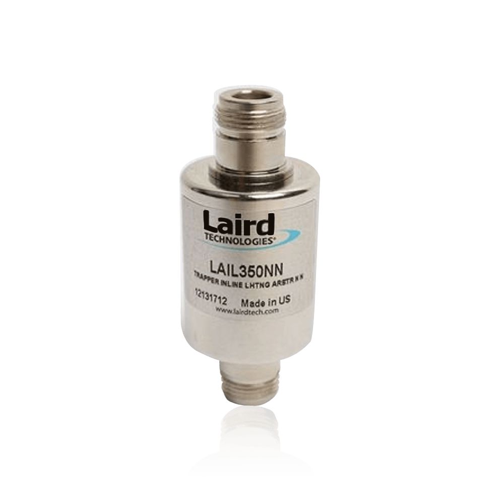 Silver-colored coaxial lightning arrester with N-type connectors.