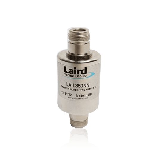 Silver-colored coaxial lightning arrester with N-type connectors.