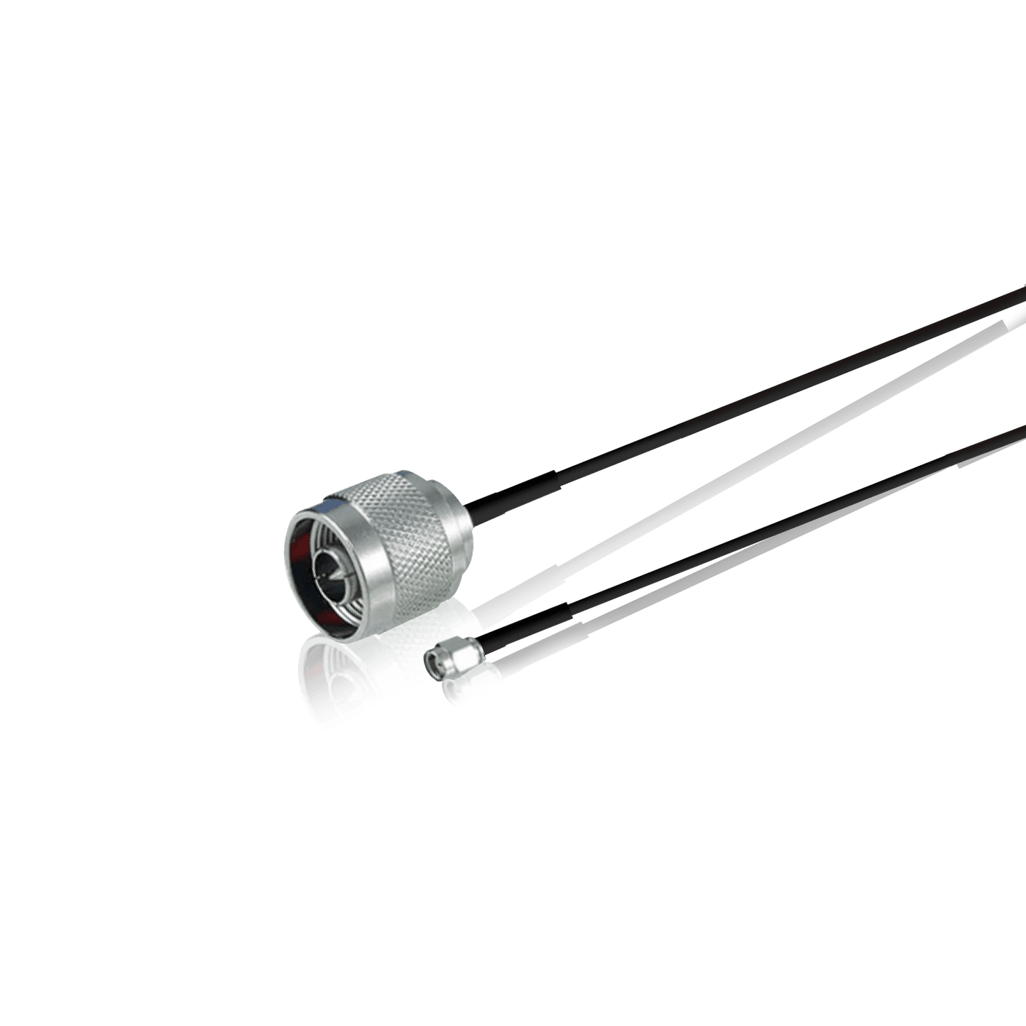 Two silver-colored RF coaxial cable connectors with attached black cables.