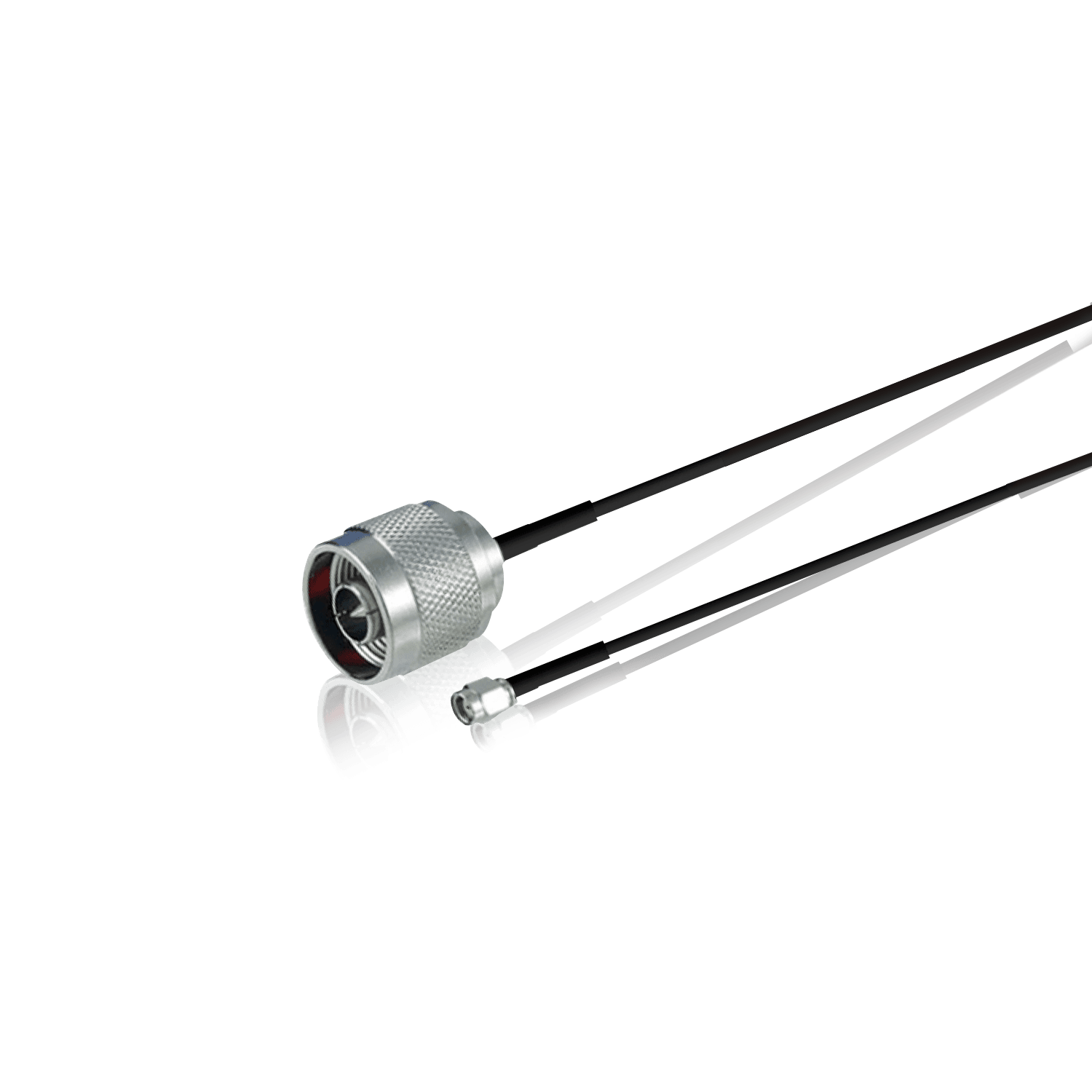 Two silver-colored RF coaxial cable connectors with attached black cables.
