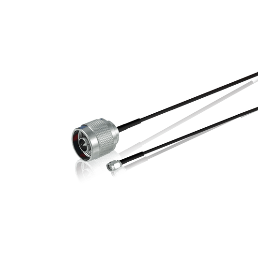 Two silver-colored RF coaxial cable connectors with attached black cables.