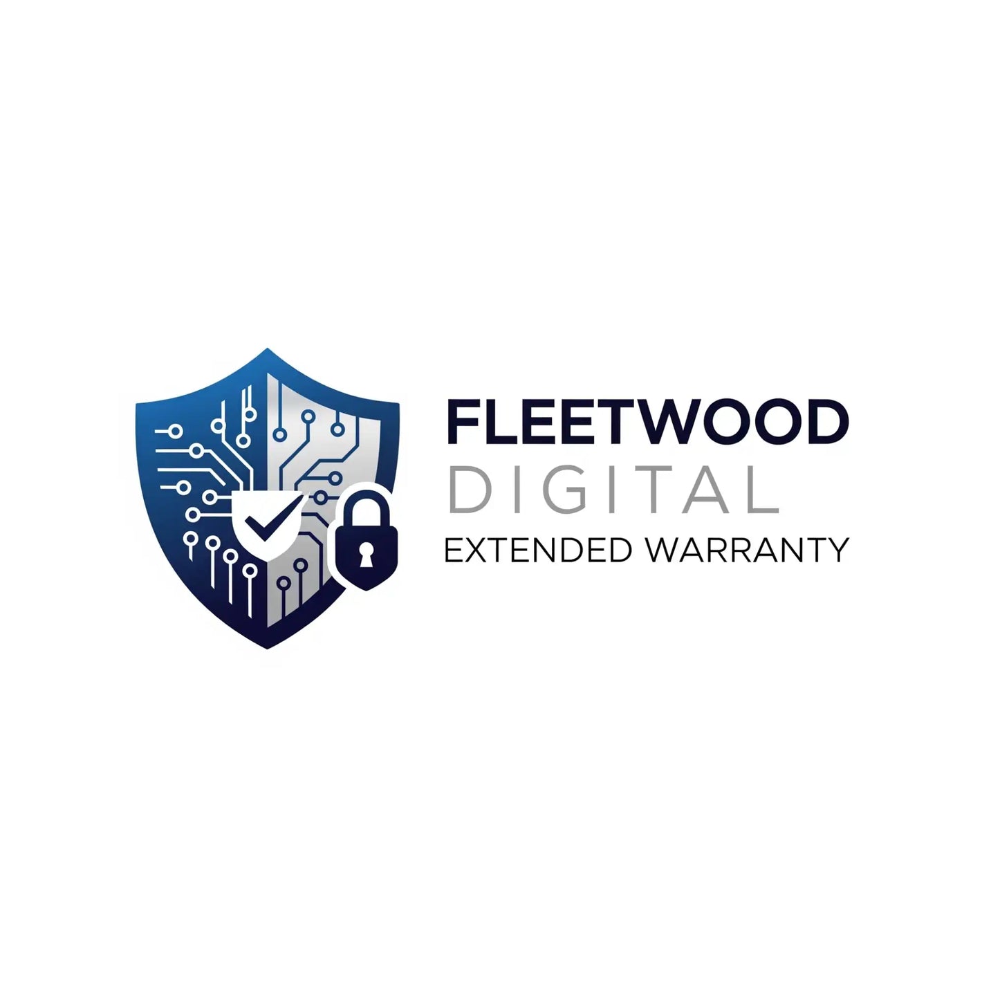 A logo for ’Fleetwood Digital Extended Warranty’ featuring a blue shield with a circuit board pattern, a checkmark, and a padlock.