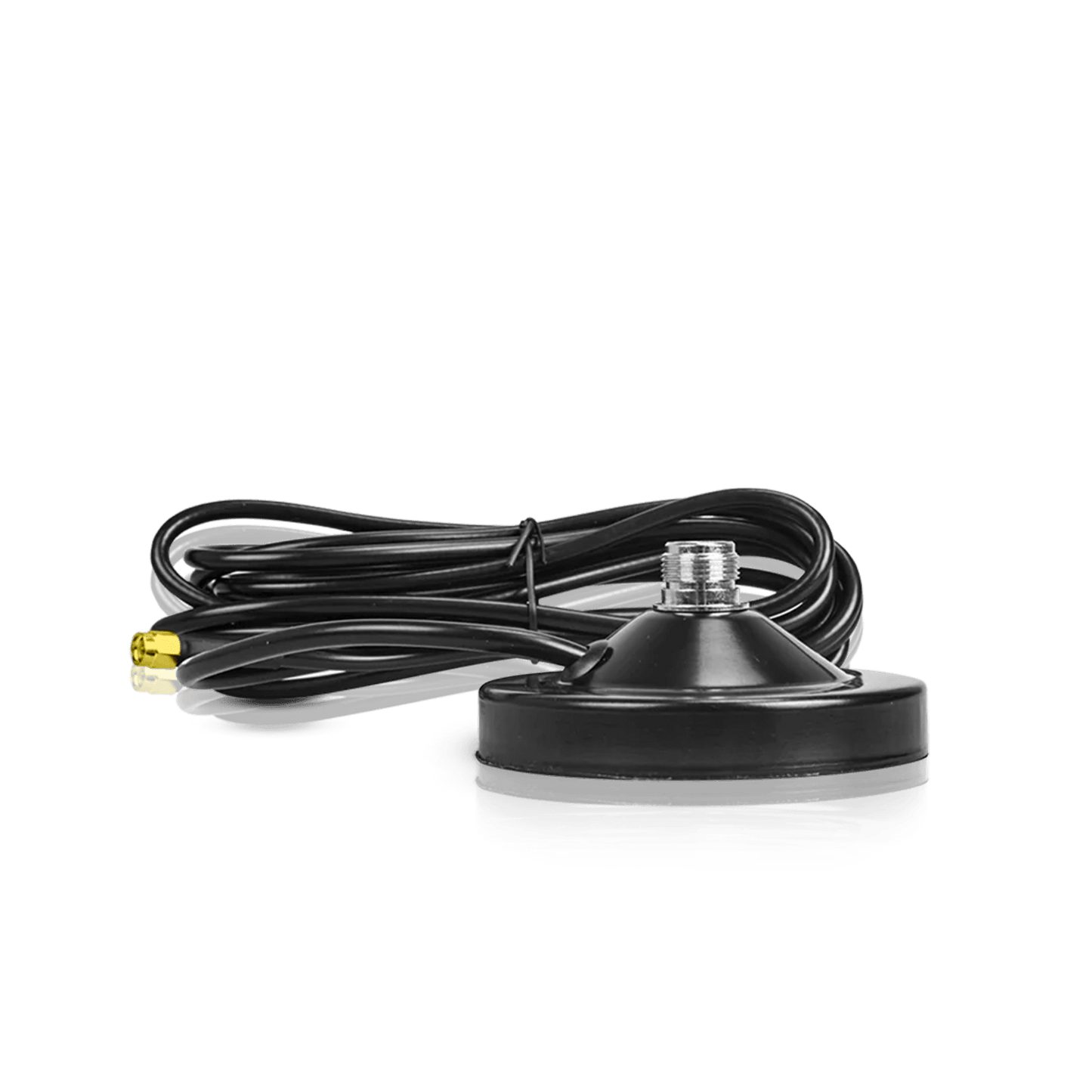Black magnetic mount for an antenna with a coiled cable and a gold-colored connector.