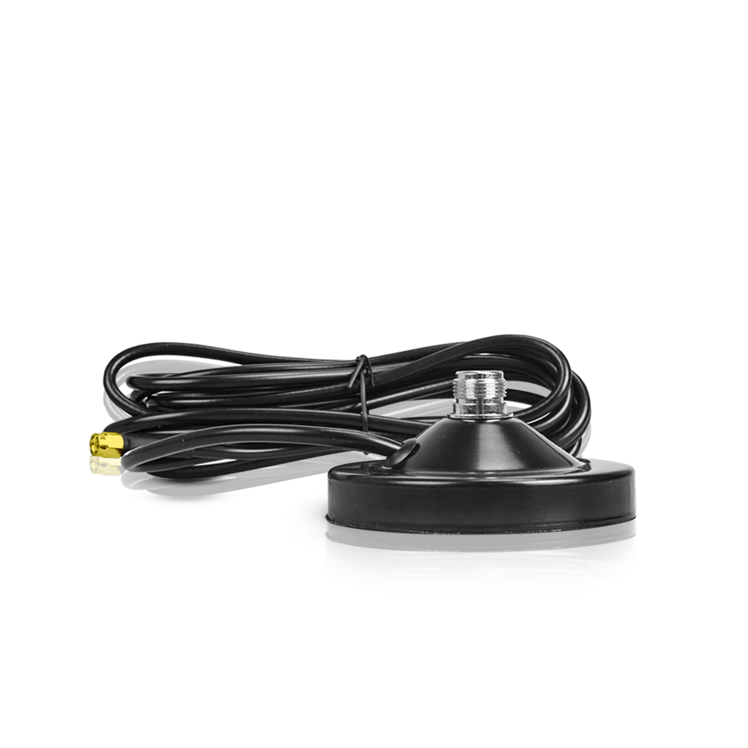 Black magnetic mount for an antenna with a coiled cable and a gold-colored connector.