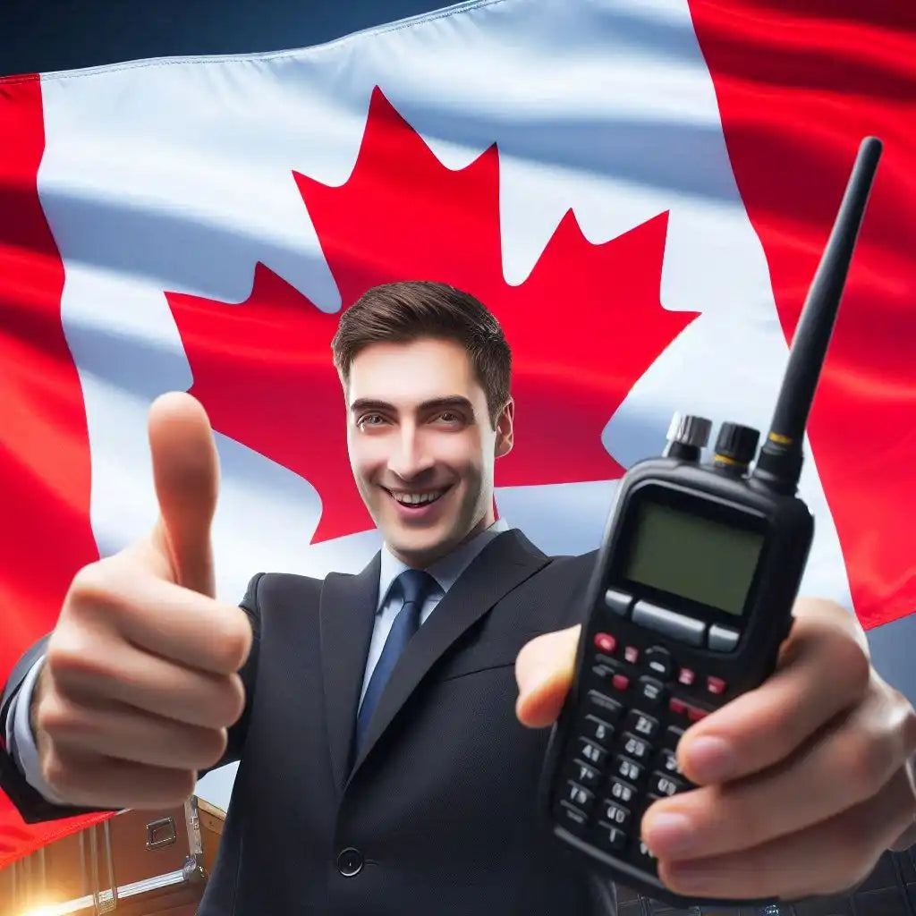 A man in a suit holding a two-way radio and giving a thumbs up, with a Canadian flag in the background.