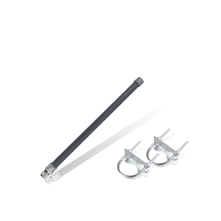 Black antenna with two U-bolt mounting clamps.