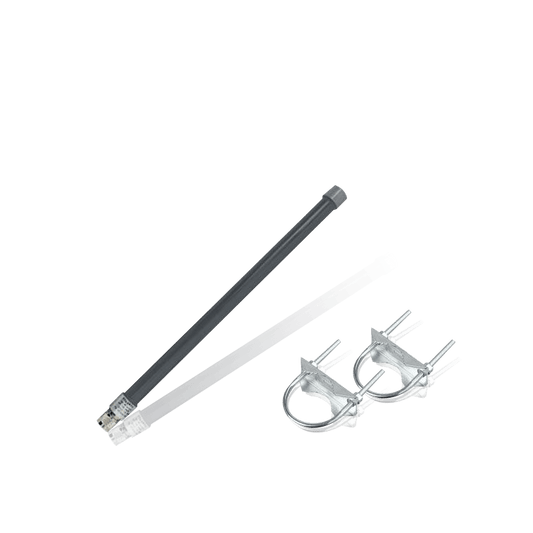 Black antenna with two U-bolt mounting clamps.