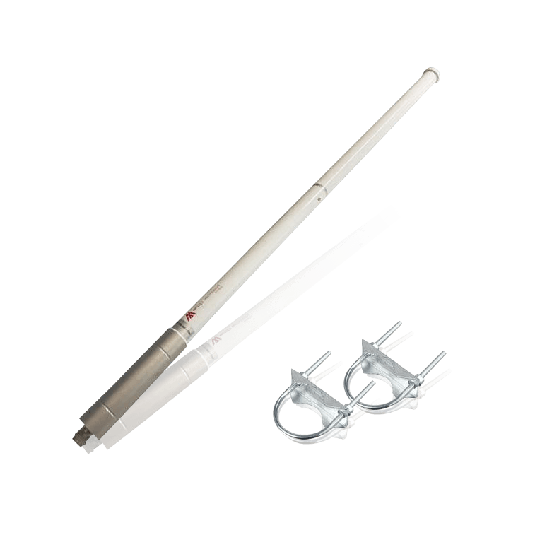 A pair of white tubular antennas connected to a silver Y-shaped base, with two U-bolt clamps.