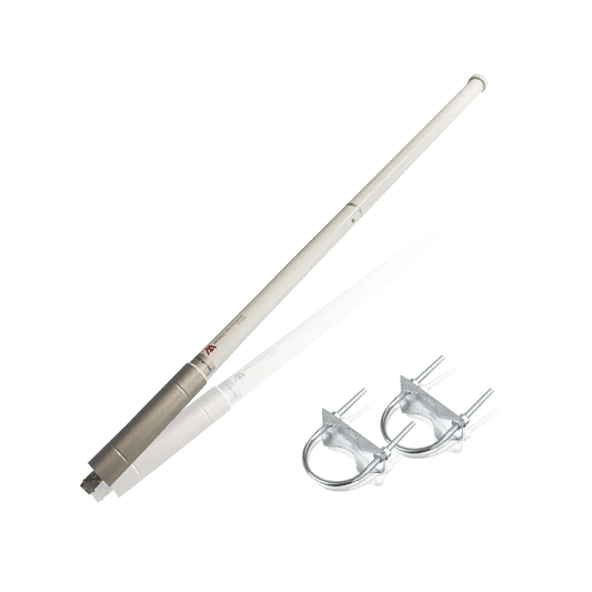 A pair of white tubular antennas connected to a silver Y-shaped base, with two U-bolt clamps.
