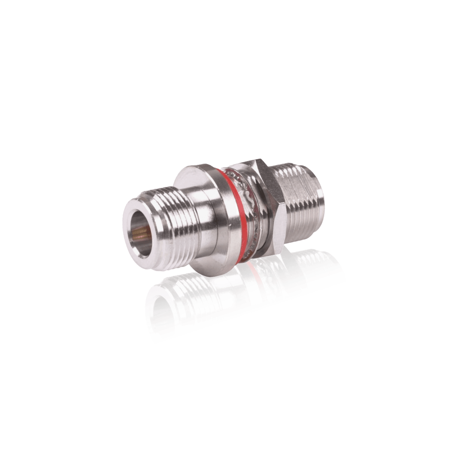 Two silver-colored, threaded coaxial cable connectors with red bands.
