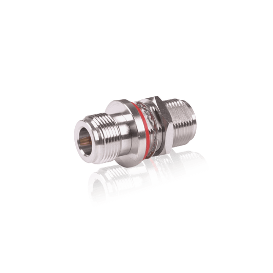 Two silver-colored, threaded coaxial cable connectors with red bands.
