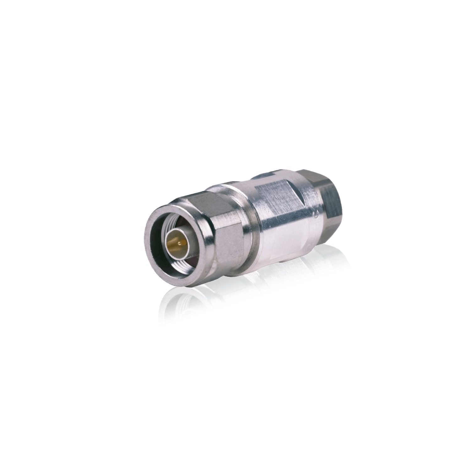 A silver-colored RF coaxial connector with a threaded coupling nut.