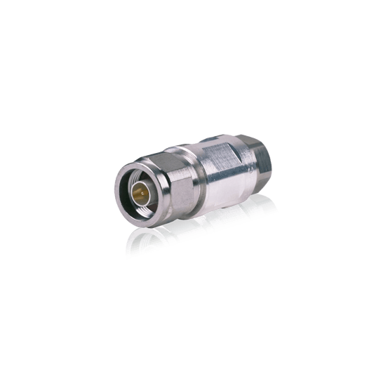 A silver-colored RF coaxial connector with a threaded coupling nut.