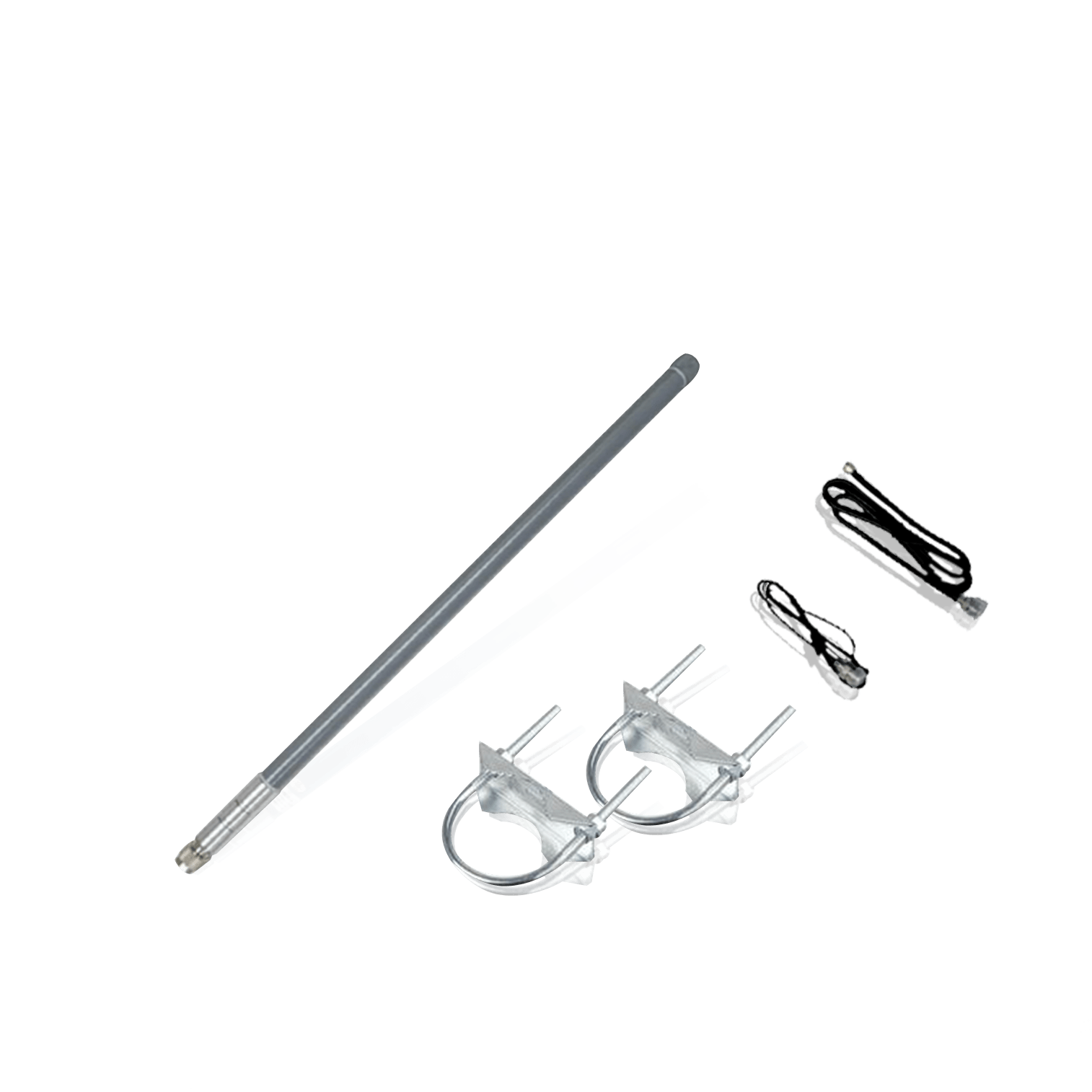 Silver-colored antenna components and mounting hardware.