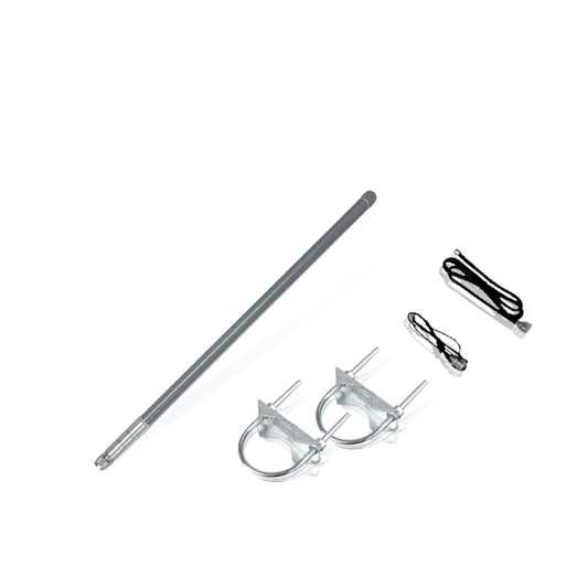 Silver-colored antenna components and mounting hardware.
