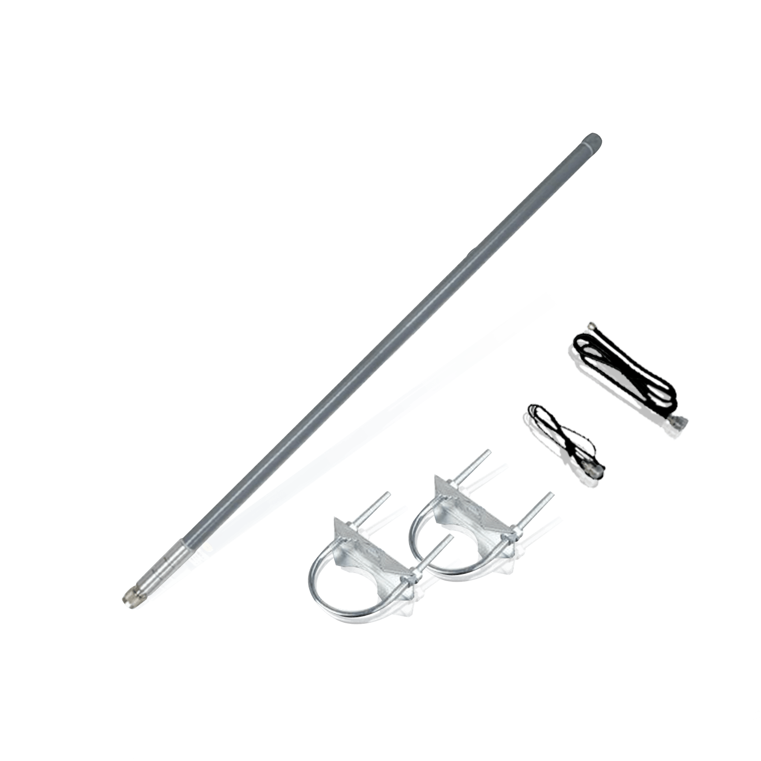 A clear acrylic light-up saber with two black corded accessories and two metal U-bolts with cotter pins.
