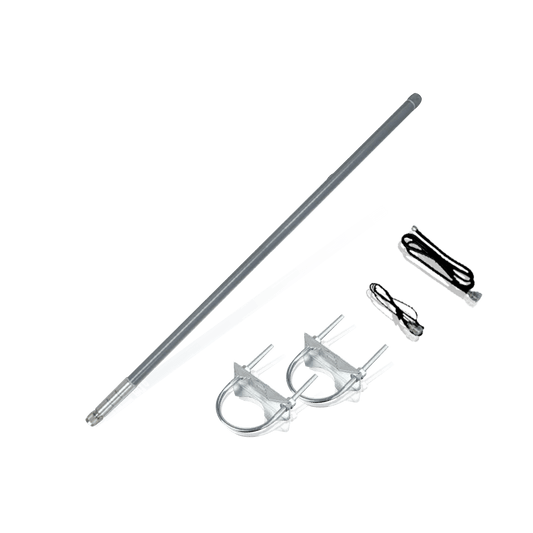 A clear acrylic light-up saber with two black corded accessories and two metal U-bolts with cotter pins.
