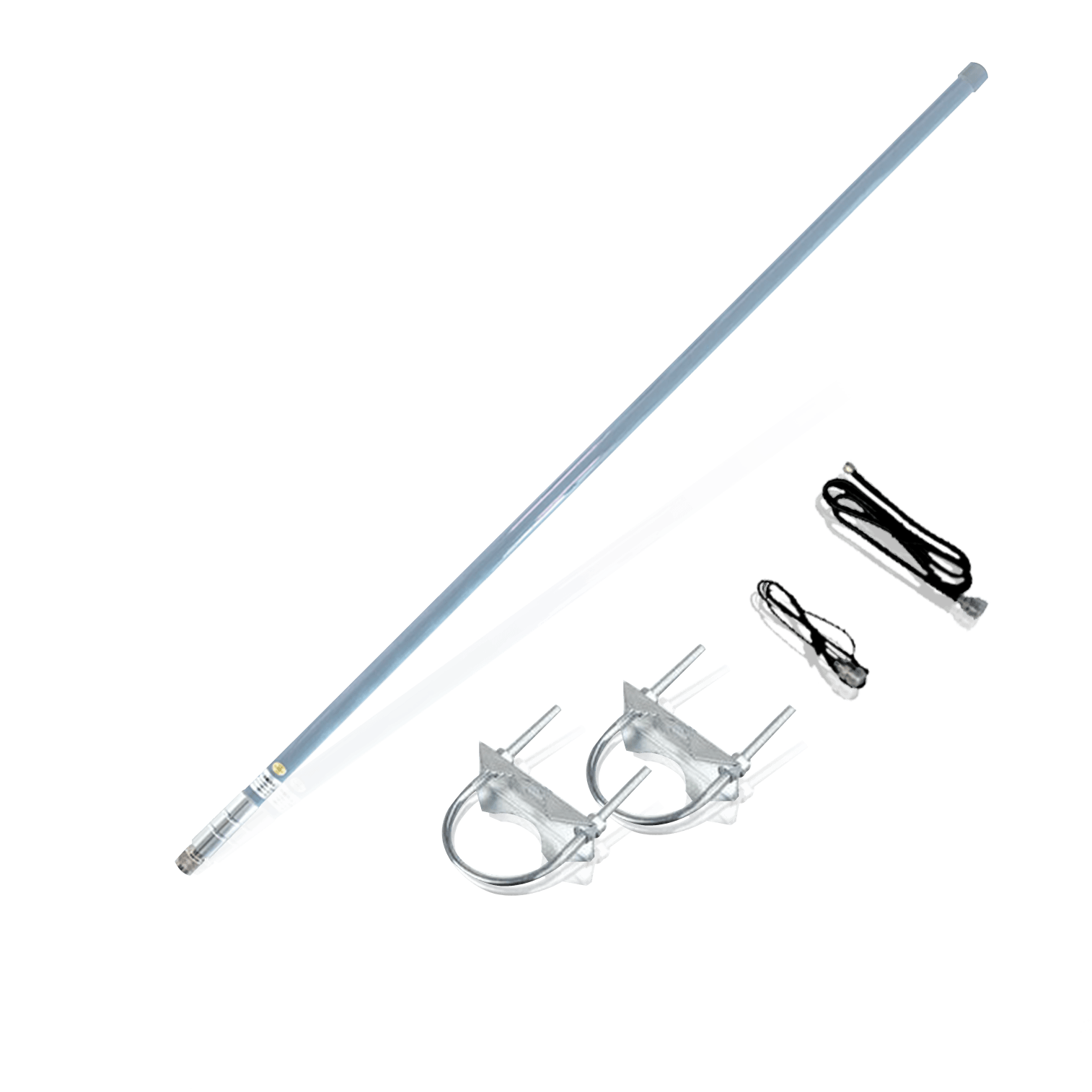 A light blue, flexible LED strip light with mounting clips and power cords.