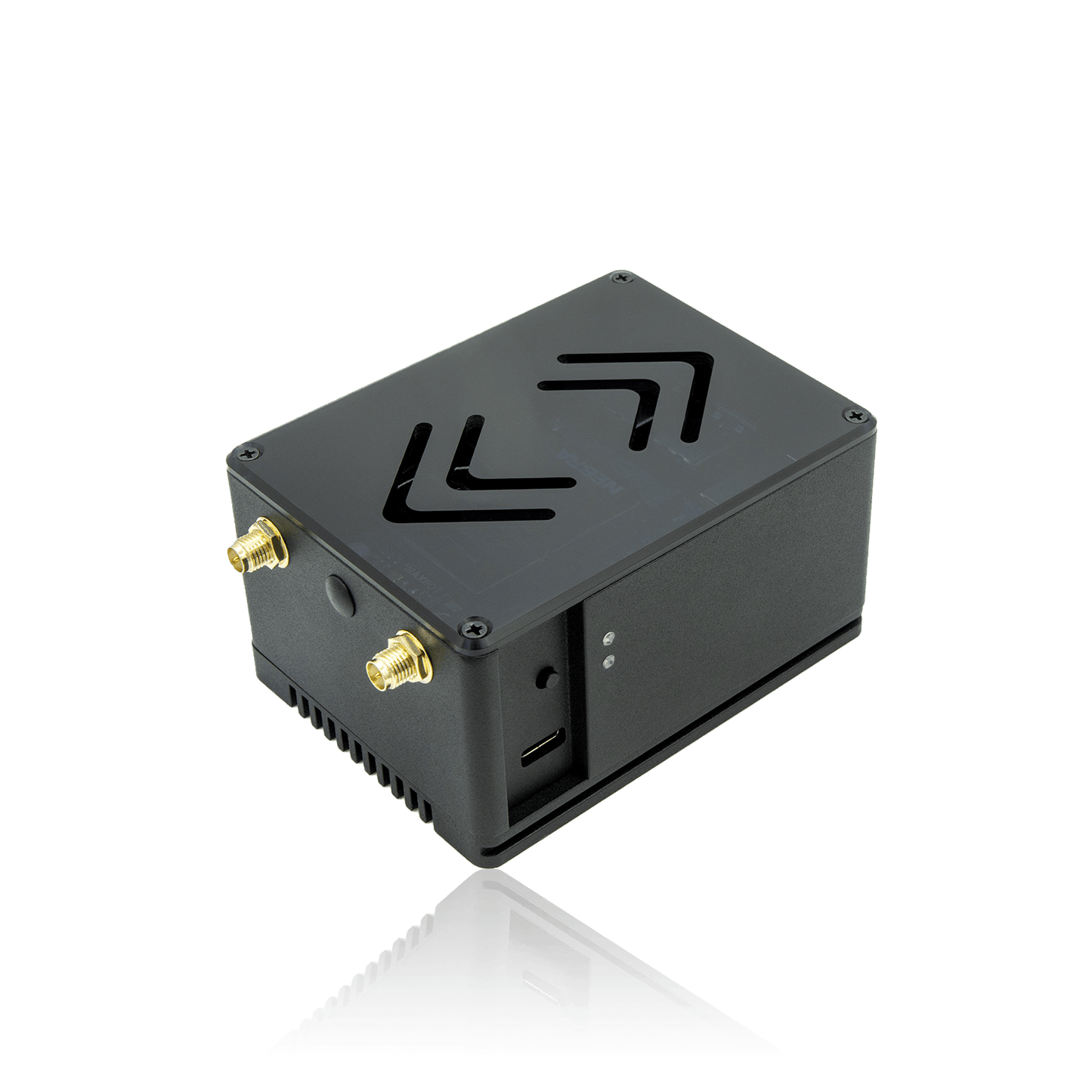 Compact black electronic device with gold-colored antenna connectors and ventilation cutouts.