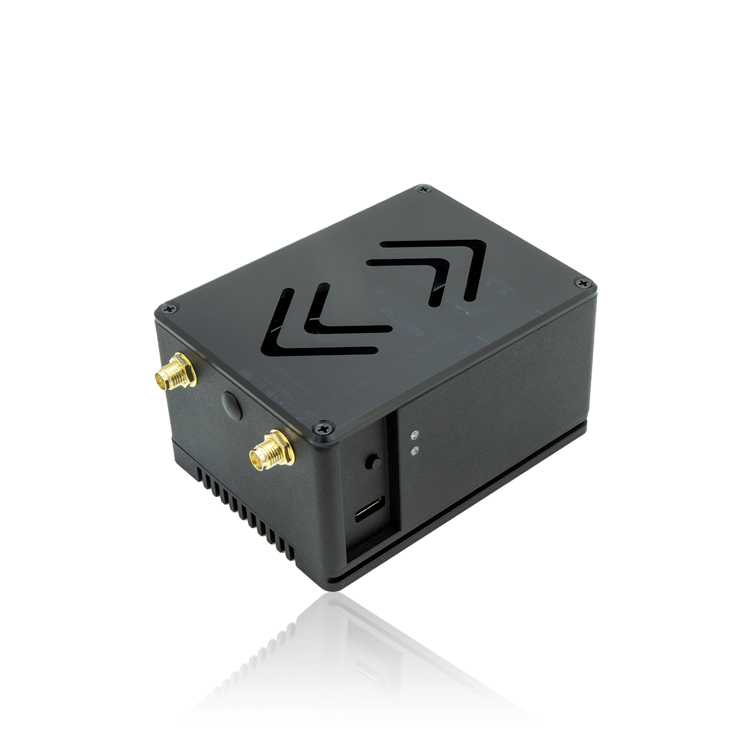 Compact black electronic device with gold-colored antenna connectors and ventilation cutouts.