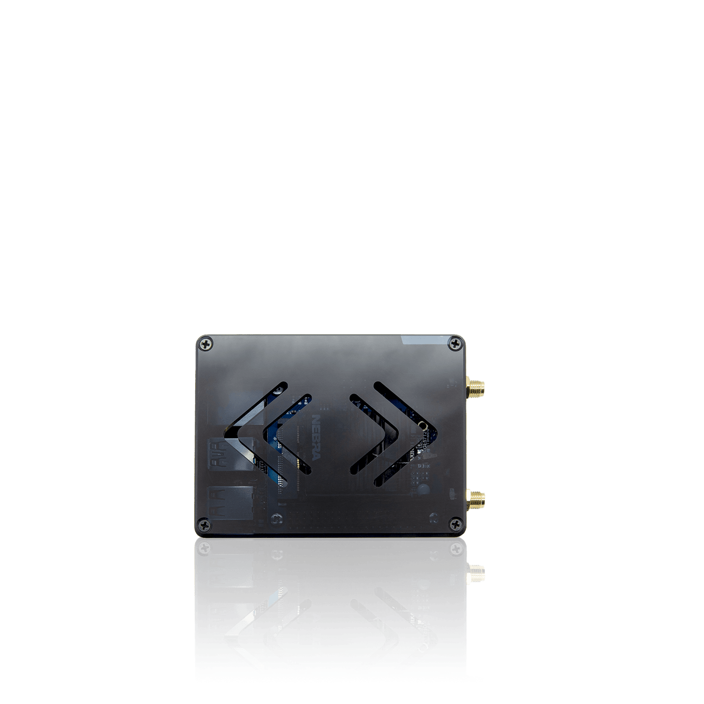 A reflective, rectangular, black electronic device with a metallic casing and four gold-colored coaxial connectors on its side.
