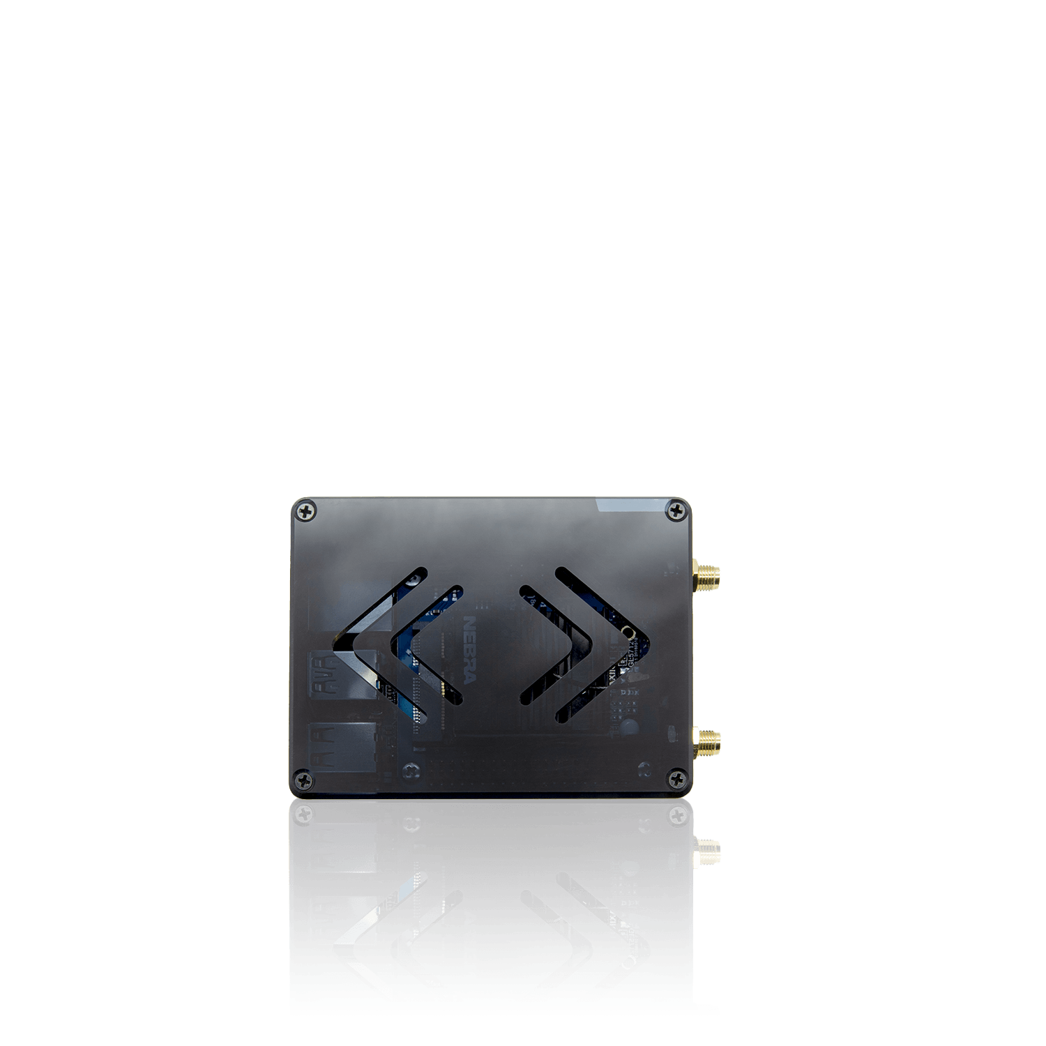 A reflective, rectangular, black electronic device with a metallic casing and four gold-colored coaxial connectors on its side.