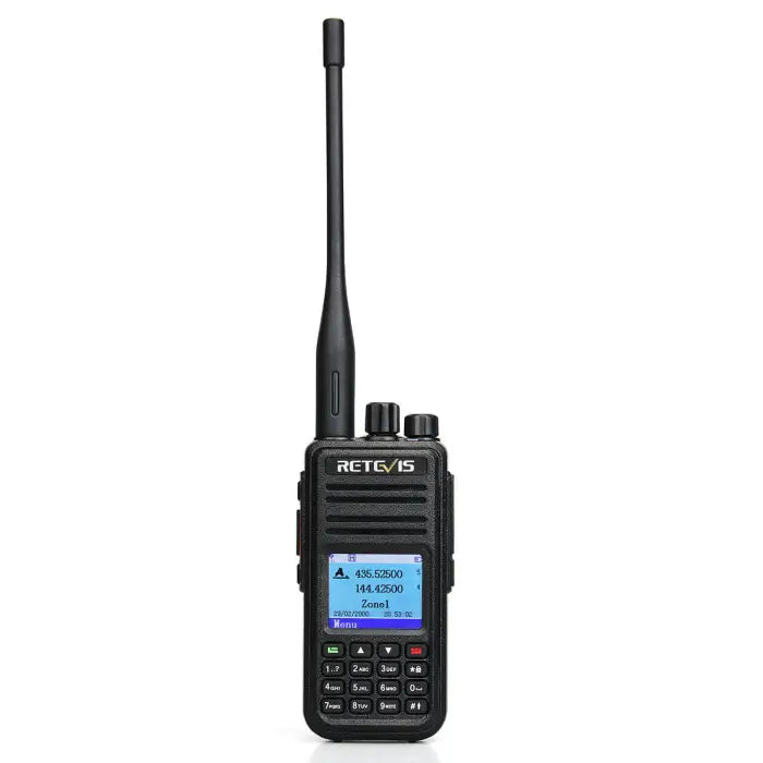 Black handheld two-way radio.