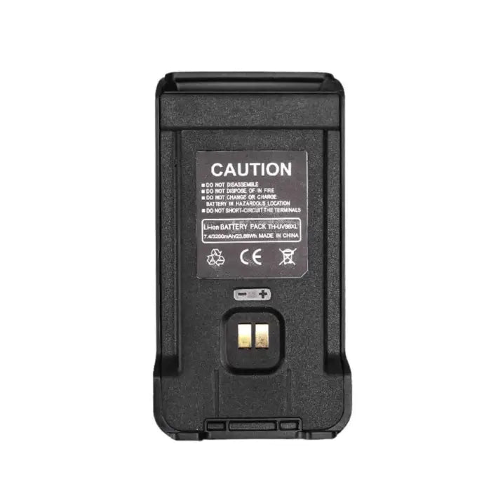 Lithium battery pack with caution label and electrical contacts.