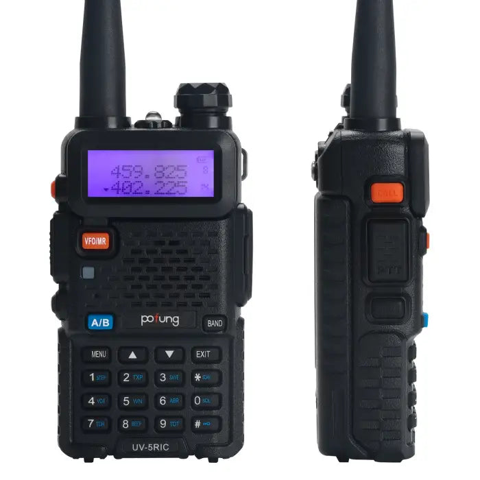 Black handheld two-way radio with a digital display and full keypad.