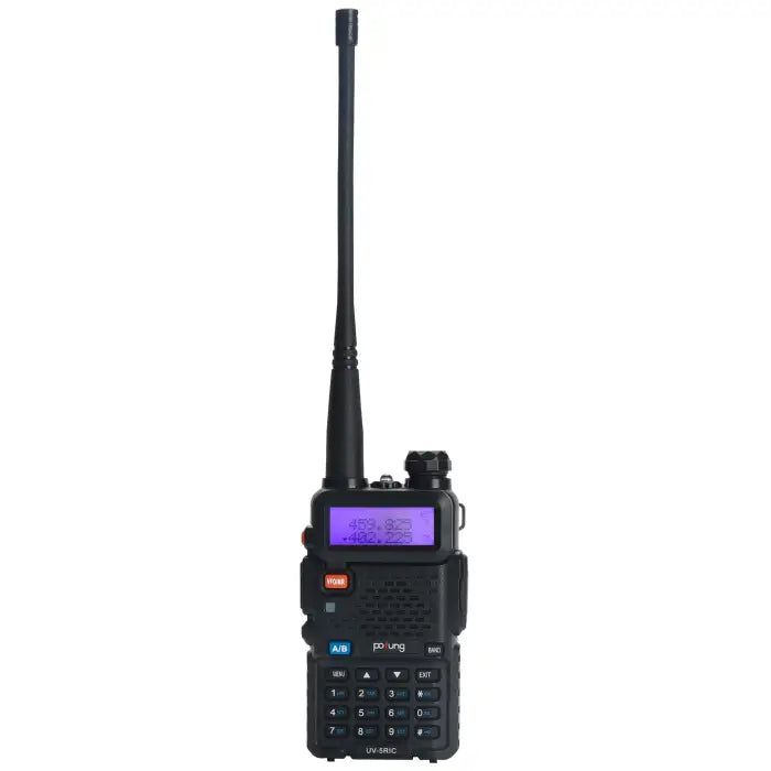 Black two-way radio with an antenna and a purple backlit screen