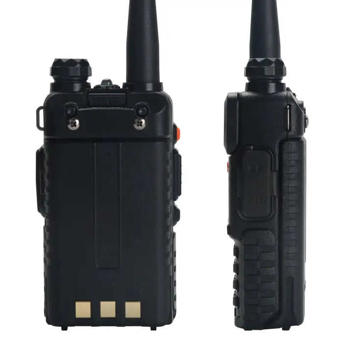 Two black walkie-talkies with antennas and visible battery contacts.