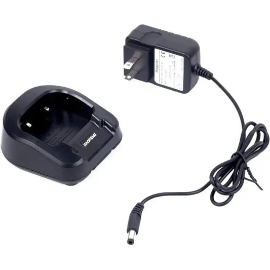 Black two-way radio charger and power adapter.