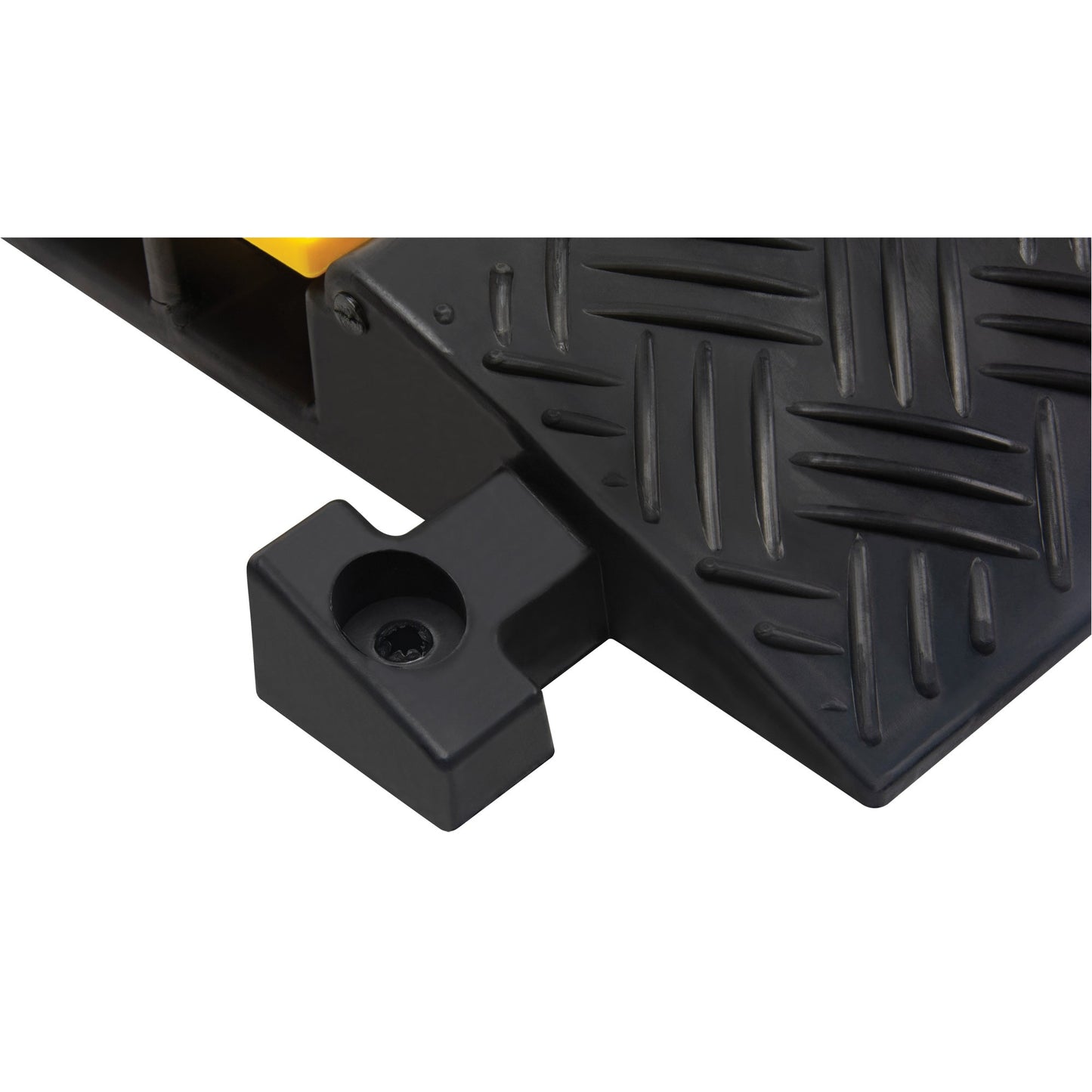 Black rubber cable protector ramp with a textured surface and a mounting hole.