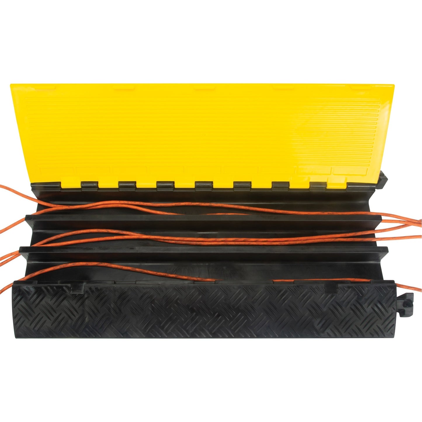 A black and yellow cable ramp with three channels, containing orange cables.