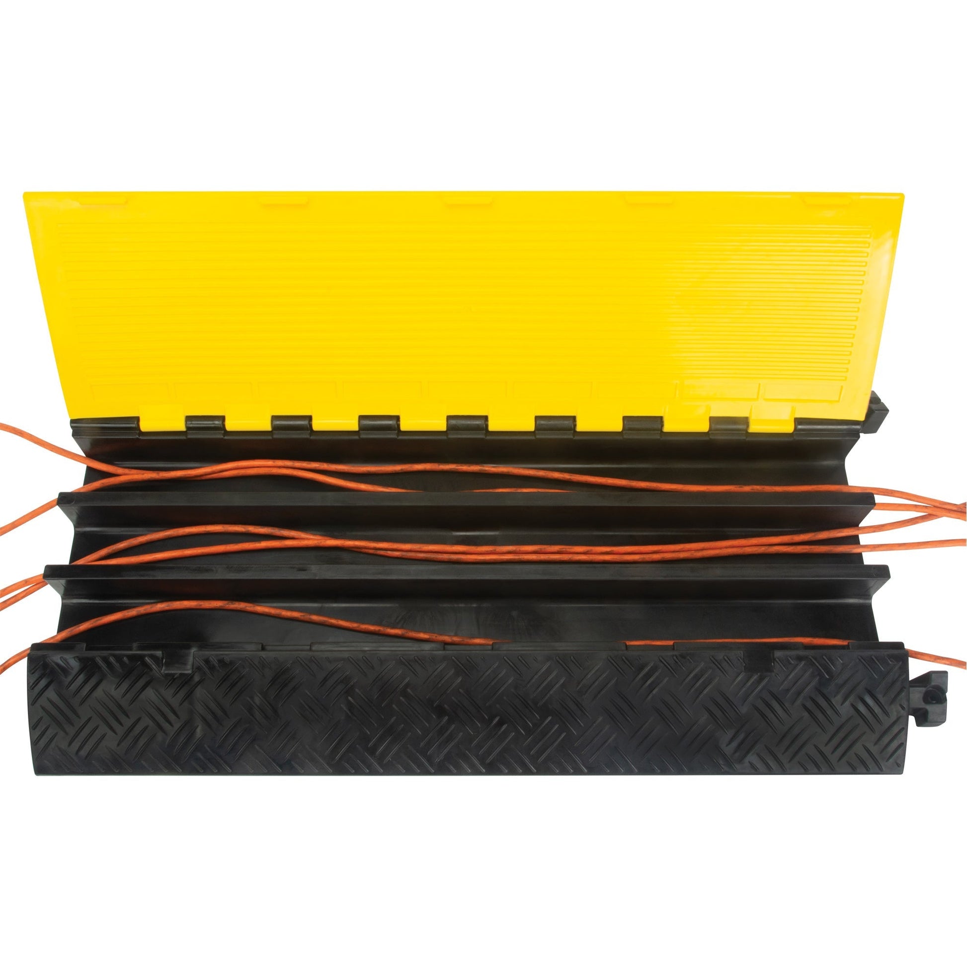 A black and yellow cable ramp with three channels, containing orange cables.