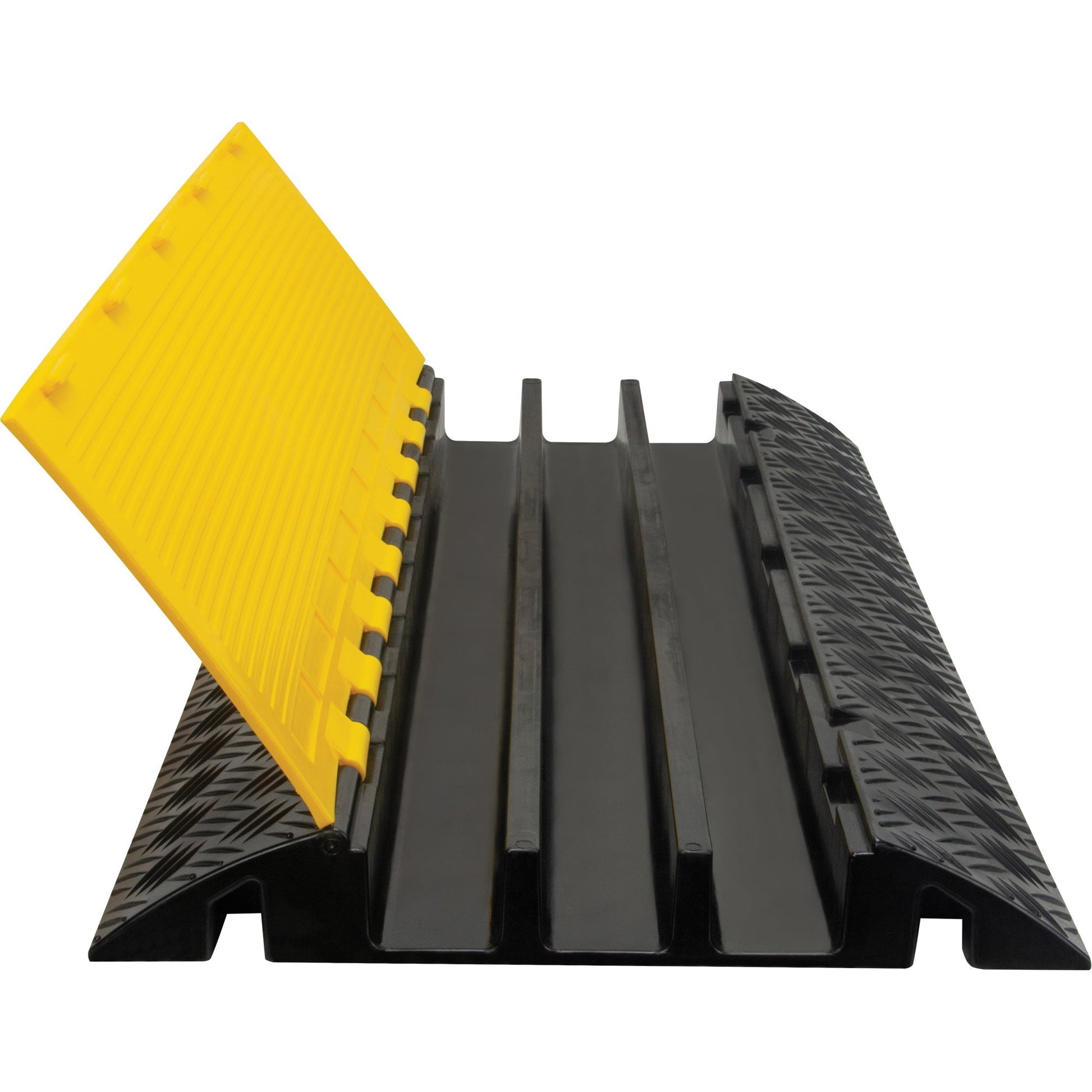 Black three-channel cable protector with a hinged yellow lid.