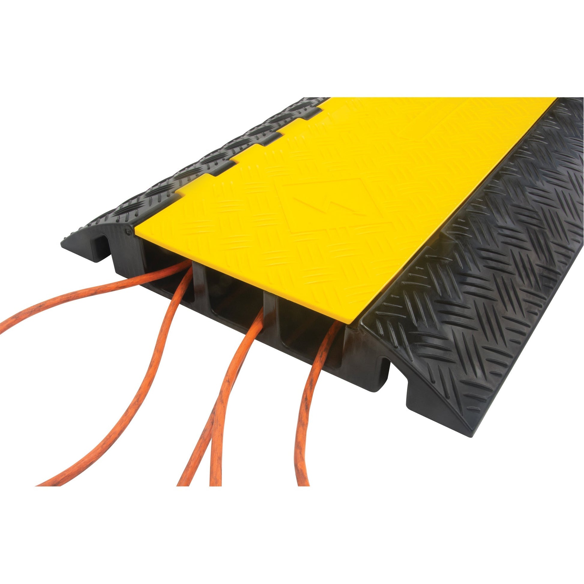 Black and yellow cable protector ramp with three channels for orange cables.