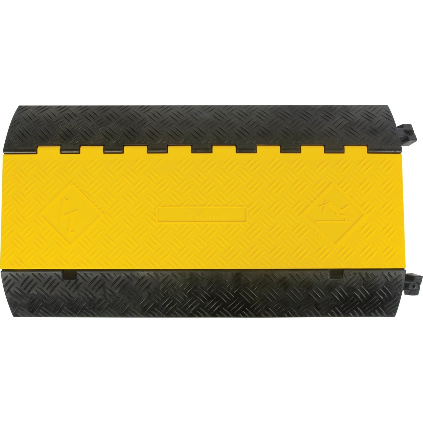 Yellow and black heavy-duty cable protector with a diamond plate pattern.