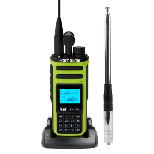 A lime green two-way radio with a digital display and keypad, accompanied by a separate telescopic antenna.