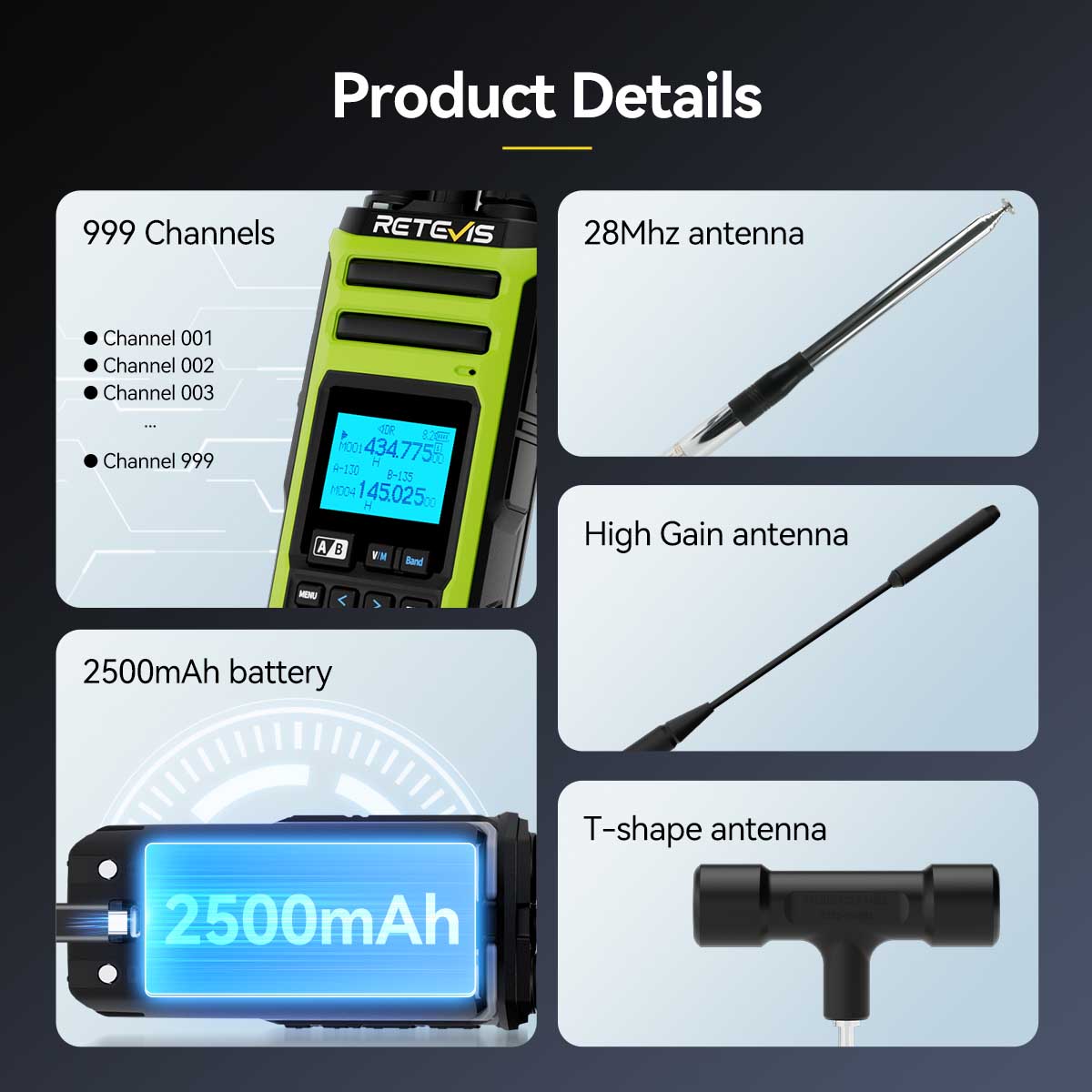 A lime green two-way radio with a large battery and multiple antenna options.