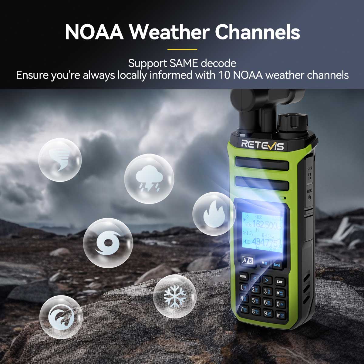 A weather radio with a bright display and keypad for accessing NOAA weather channels.