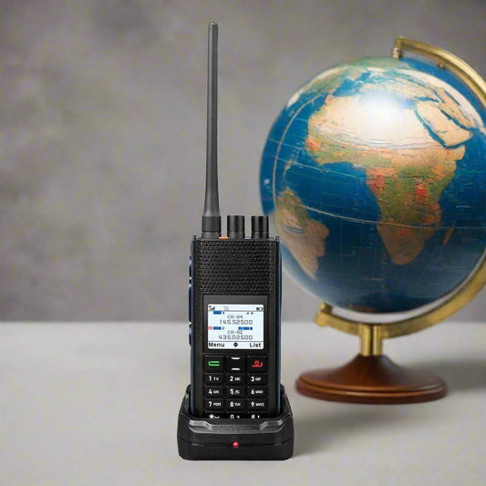Black two-way radio with antenna.