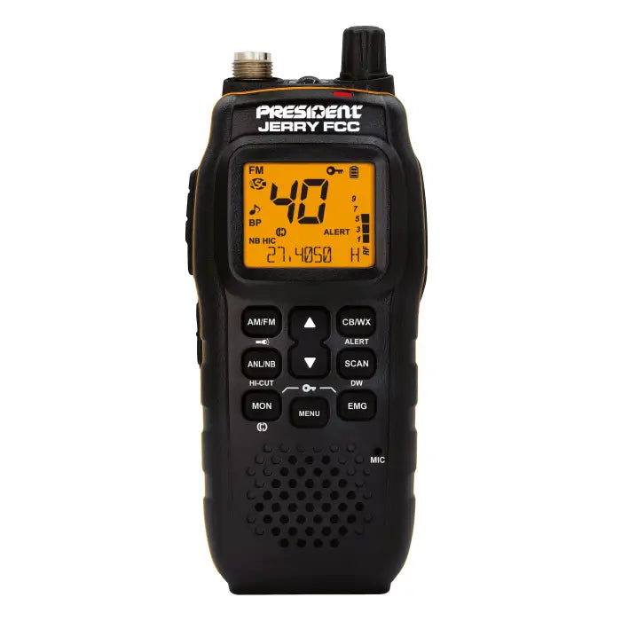 Black handheld CB radio.