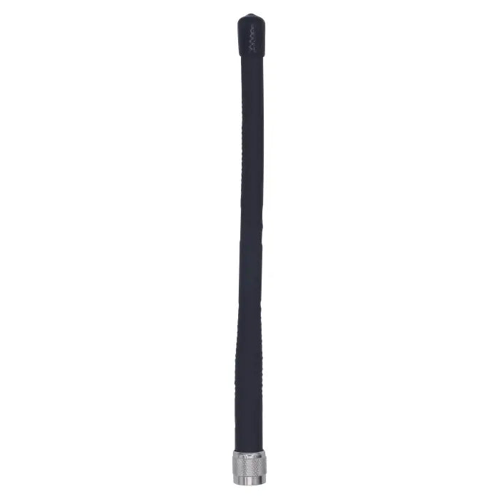 Black flexible antenna with silver connector.
