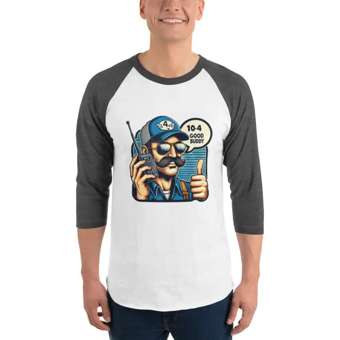 Gray and white baseball tee with cartoon graphic.
